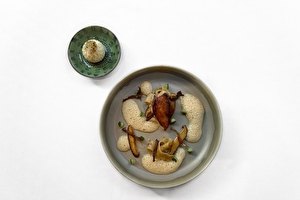 Quail wrapped in lotus leaf marinated with orange peel, ginger and spring onion - handmade thick noodles - shiitake mushroom - cucumber - foamy sauce from the bones